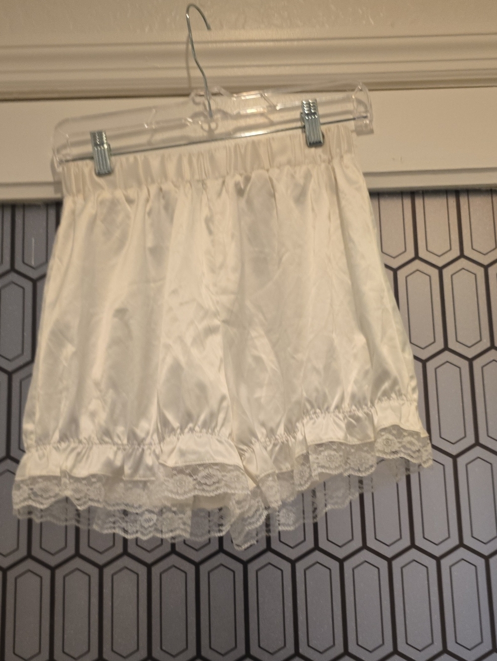 White Satin Lace Trim Half Slip Shorts
